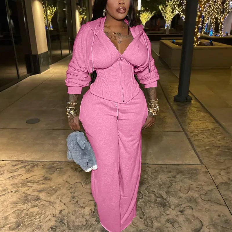 Streetwear Casual Tracksuit Woman Two Piece Set Sporty Zipper Hooded Lace-up Bandage Corset Jacket and Sweatpants Matching Sets