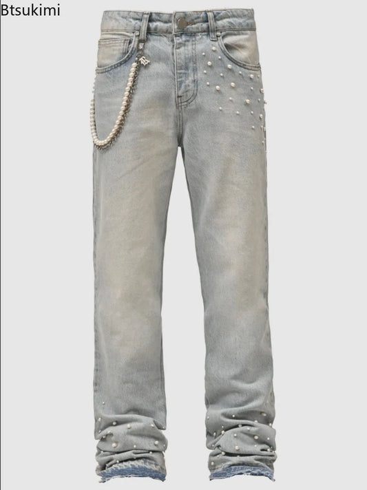 New American Retro Pearls Stacked Jeans Men's Fashion Street Straight Leg Stretchy Denim Pants Men Clothes Casual Baggy Trousers