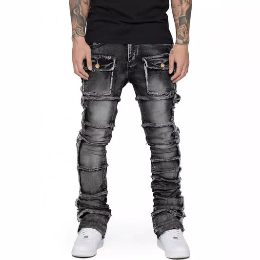 Men's new wave stacked jeans, worn-out slim fit straight leg jeans, fashionable hip-hop denim pants, casual streetwear