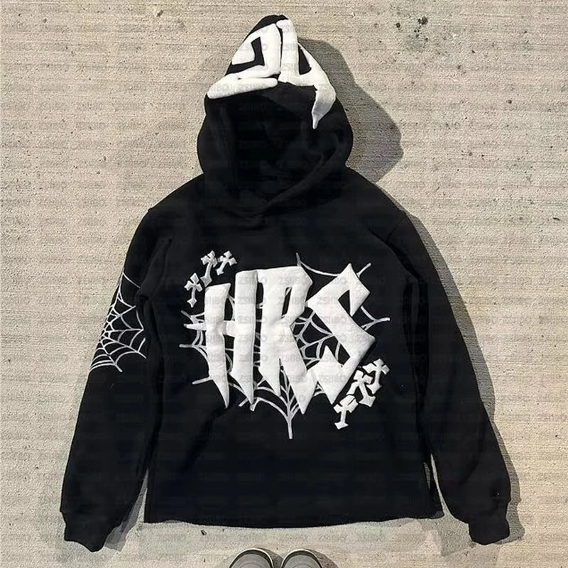 Y2k Hoodie Kpop Retro Street Fashion Hooded Pullover Letter Spider Web Printed Long Sleeved Sweatshirt Tops Men Women Clothing