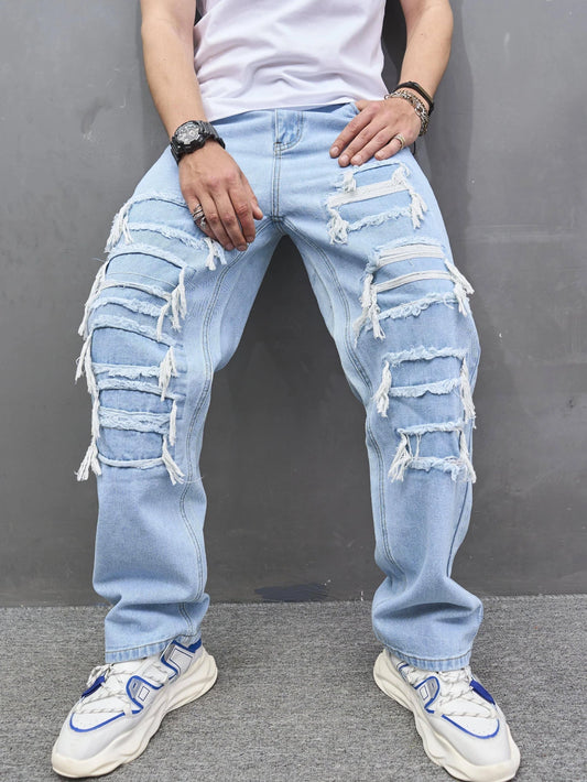 Regular Fit Men's Stacked Jeans Ripped Washed Cloth Patch Distressed Destroyed Straight Denim Pants Hip Hop Streetwear Trousers