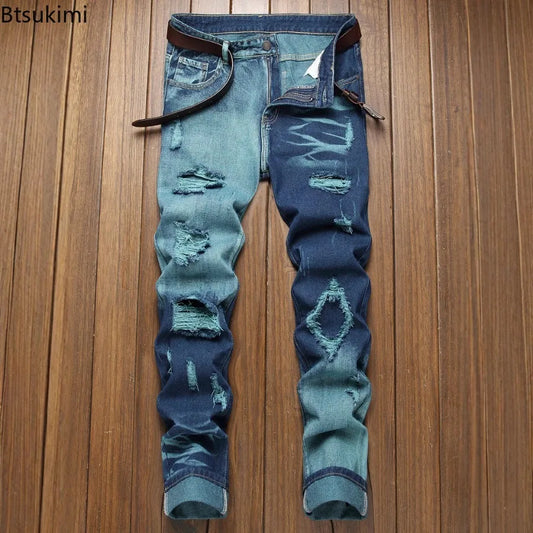 New Retro Jeans Men's Ripped Straight Leg Pants Ripped Jeans Fashionable Casual Pants Trousers Pants Male Street Wear Clothing