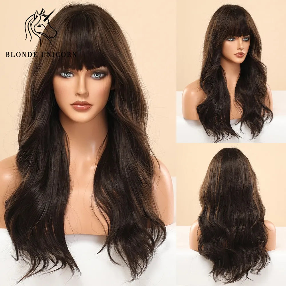 BLONDE UNICORN Synthetic Hair Wigs Long Wavy Orange with Bangs For Black White Women Heat Resistant Fiber Cosplay Party Wig