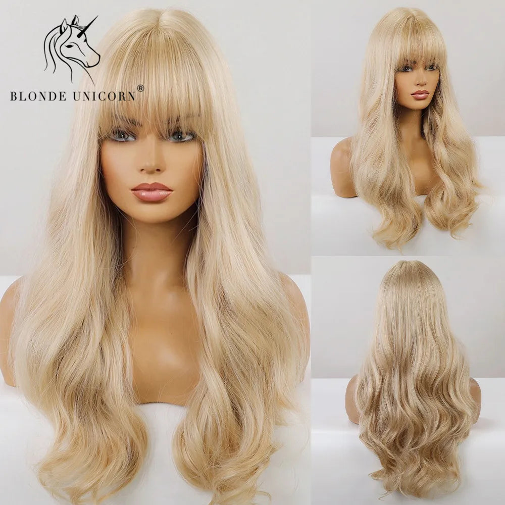 BLONDE UNICORN Synthetic Hair Wigs Long Wavy Orange with Bangs For Black White Women Heat Resistant Fiber Cosplay Party Wig
