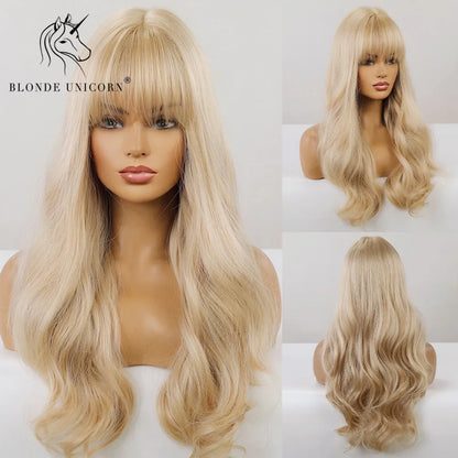 BLONDE UNICORN Synthetic Hair Wigs Long Wavy Orange with Bangs For Black White Women Heat Resistant Fiber Cosplay Party Wig