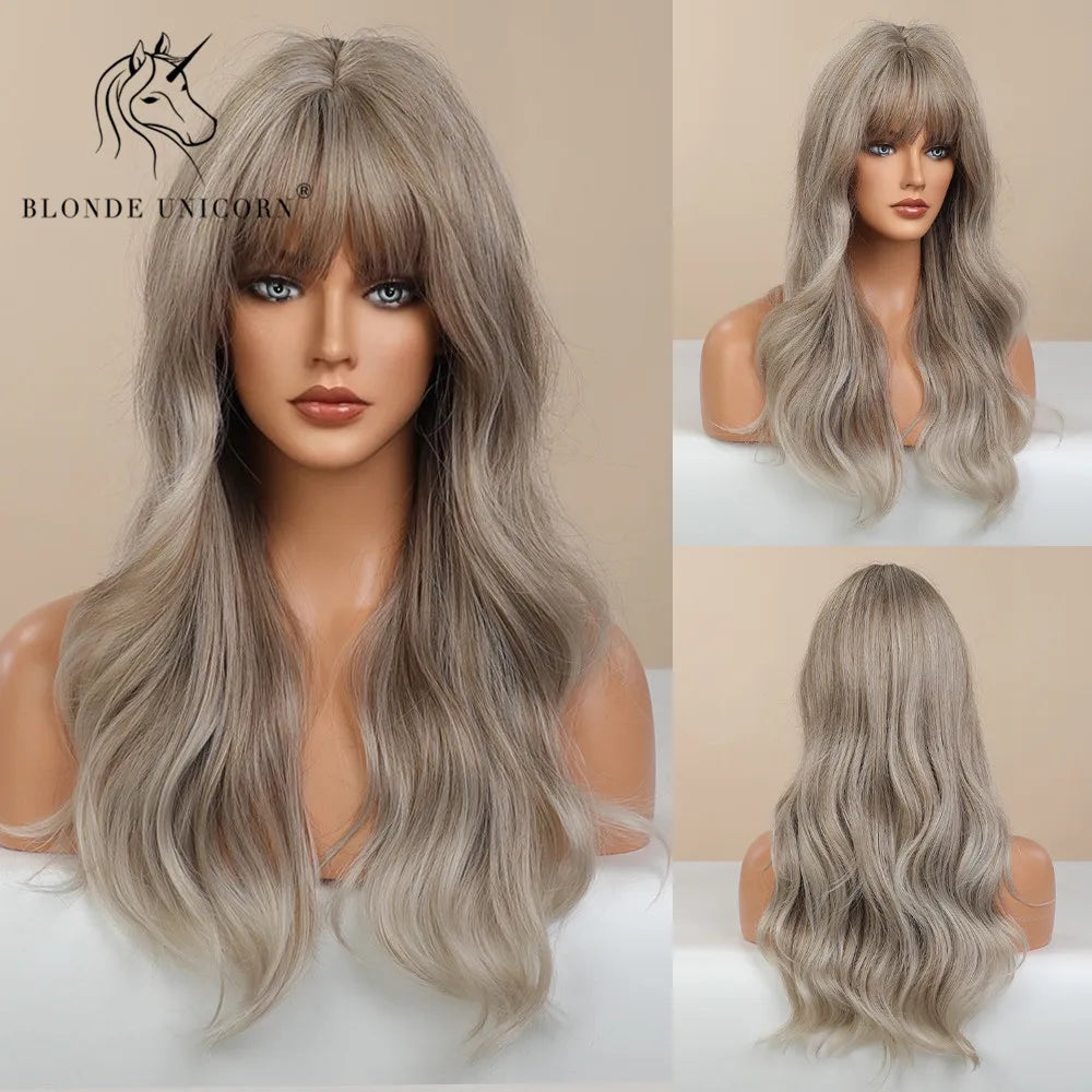 BLONDE UNICORN Synthetic Hair Wigs Long Wavy Orange with Bangs For Black White Women Heat Resistant Fiber Cosplay Party Wig