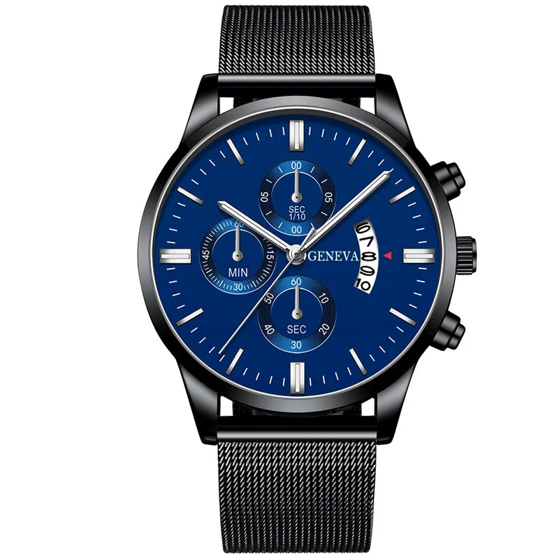 Men's Fashion Business Calendar Watches Men Luxury Blue Stainless Steel Mesh Belt Analog Quartz Watch relogio masculino