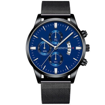 Men's Fashion Business Calendar Watches Men Luxury Blue Stainless Steel Mesh Belt Analog Quartz Watch relogio masculino