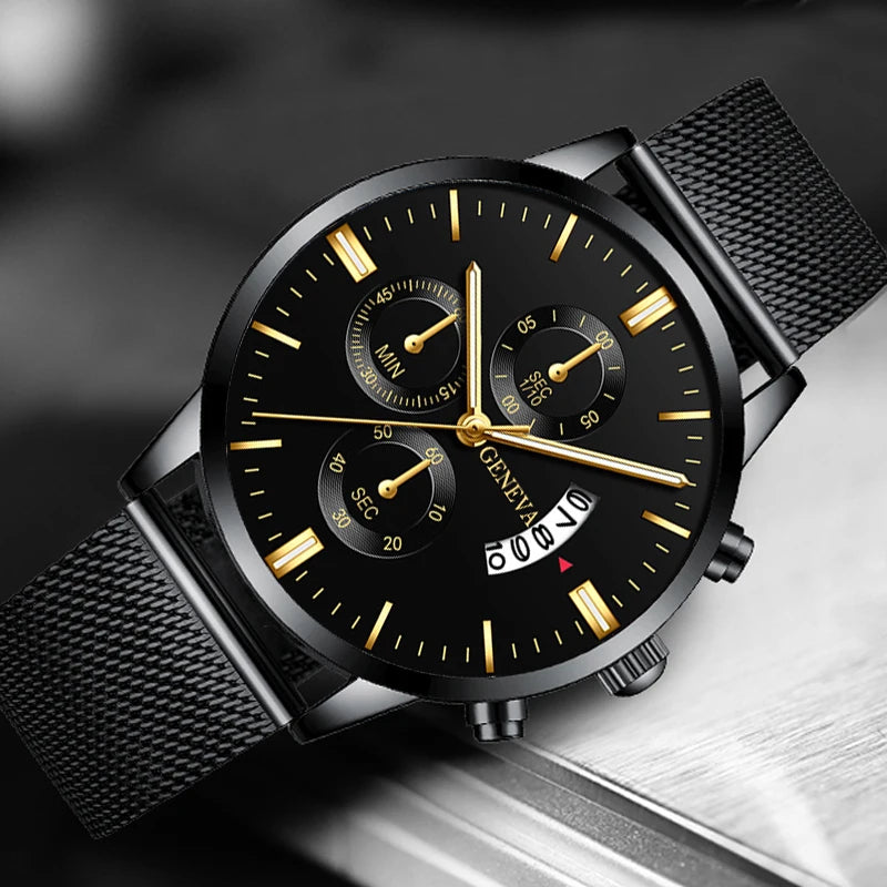 Men's Fashion Business Calendar Watches Men Luxury Blue Stainless Steel Mesh Belt Analog Quartz Watch relogio masculino
