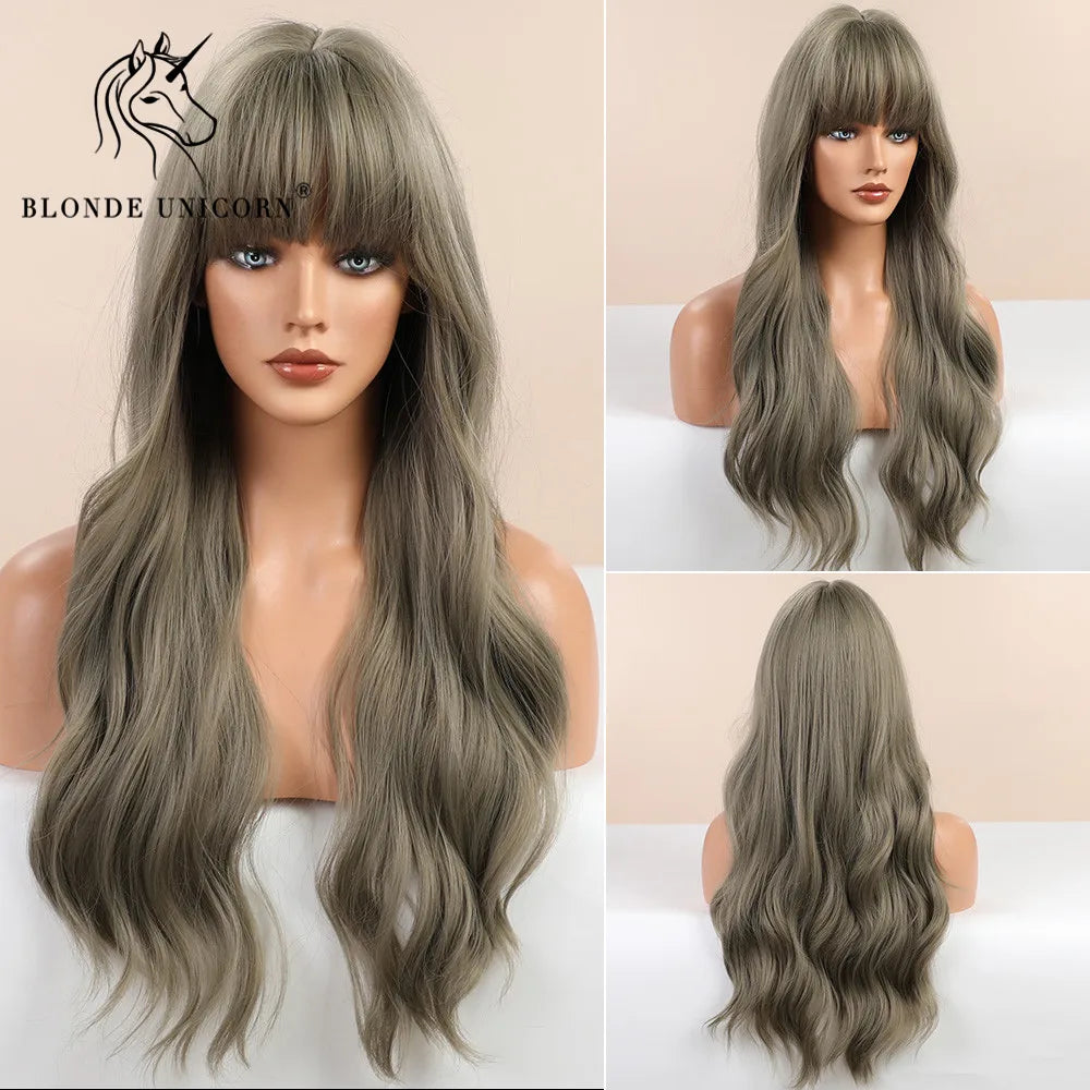 BLONDE UNICORN Synthetic Hair Wigs Long Wavy Orange with Bangs For Black White Women Heat Resistant Fiber Cosplay Party Wig