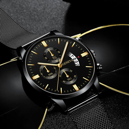 Men's Fashion Business Calendar Watches Men Luxury Blue Stainless Steel Mesh Belt Analog Quartz Watch relogio masculino