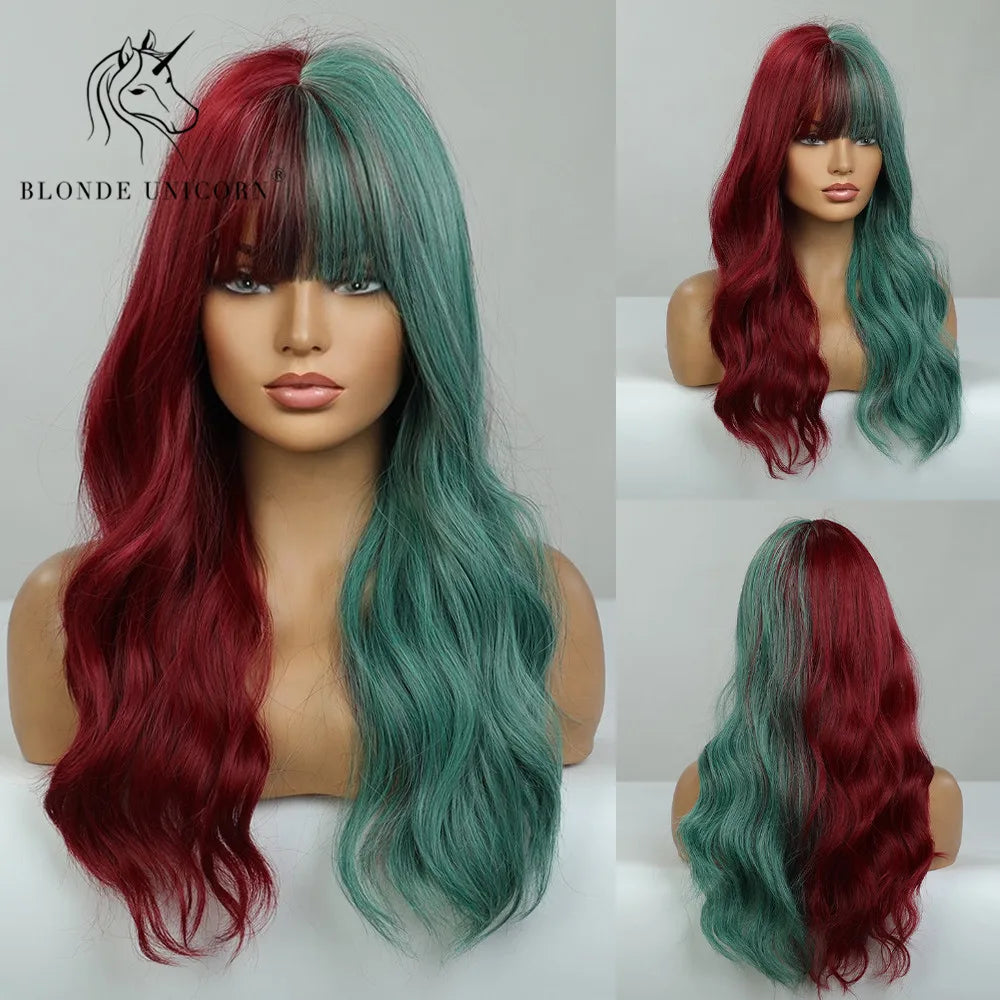 BLONDE UNICORN Synthetic Hair Wigs Long Wavy Orange with Bangs For Black White Women Heat Resistant Fiber Cosplay Party Wig