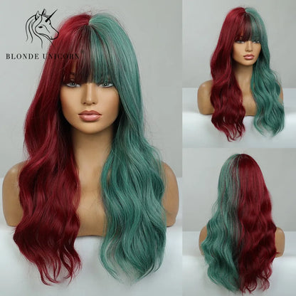 BLONDE UNICORN Synthetic Hair Wigs Long Wavy Orange with Bangs For Black White Women Heat Resistant Fiber Cosplay Party Wig