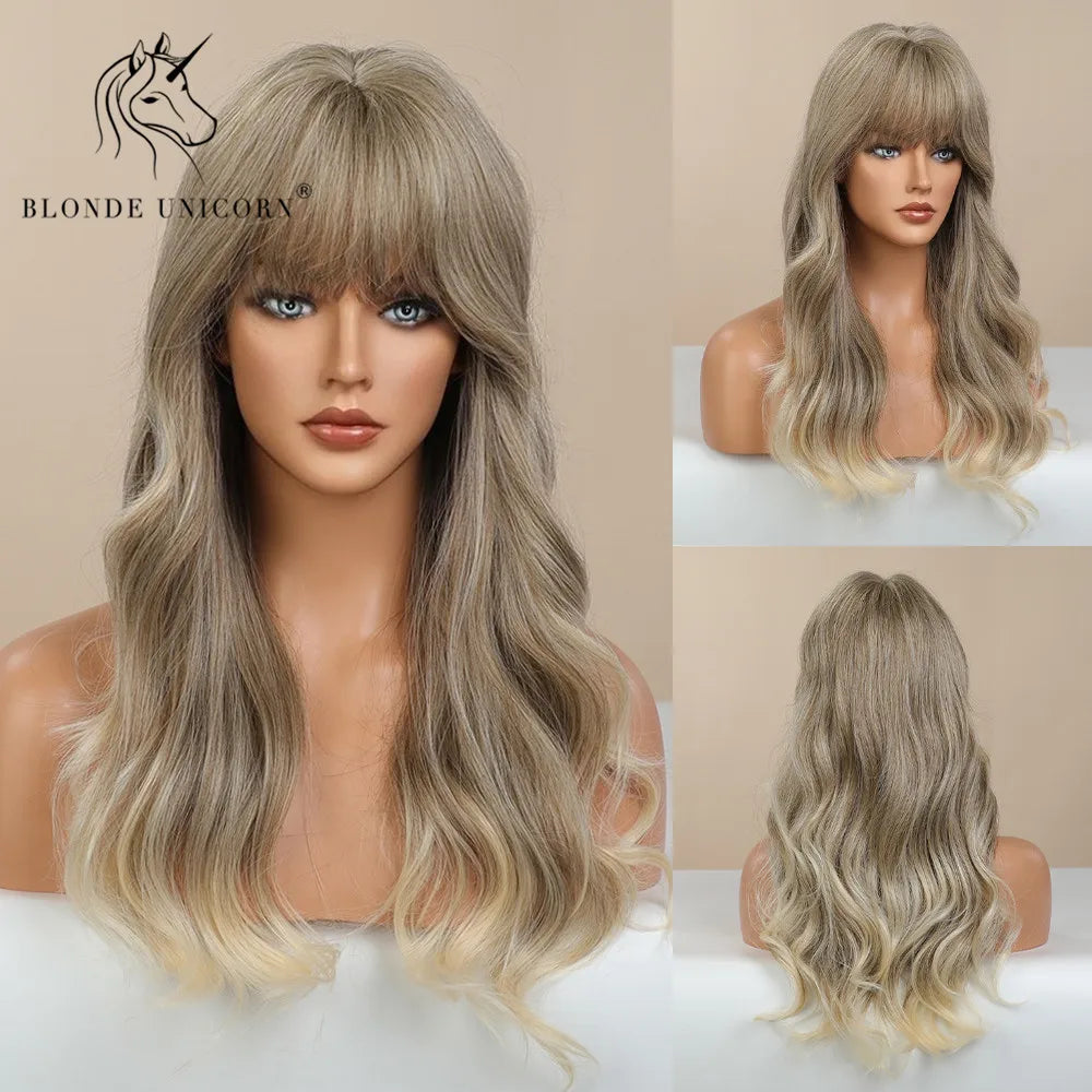 BLONDE UNICORN Synthetic Hair Wigs Long Wavy Orange with Bangs For Black White Women Heat Resistant Fiber Cosplay Party Wig