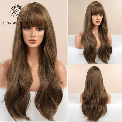 BLONDE UNICORN Synthetic Hair Wigs Long Wavy Orange with Bangs For Black White Women Heat Resistant Fiber Cosplay Party Wig
