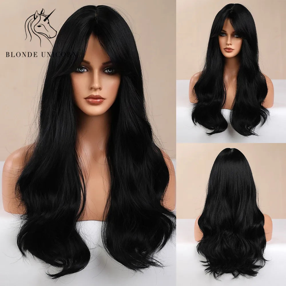 BLONDE UNICORN Synthetic Hair Wigs Long Wavy Orange with Bangs For Black White Women Heat Resistant Fiber Cosplay Party Wig