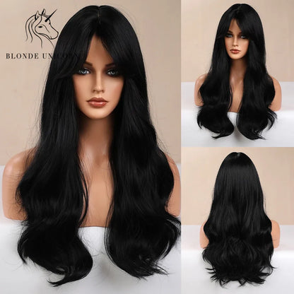 BLONDE UNICORN Synthetic Hair Wigs Long Wavy Orange with Bangs For Black White Women Heat Resistant Fiber Cosplay Party Wig