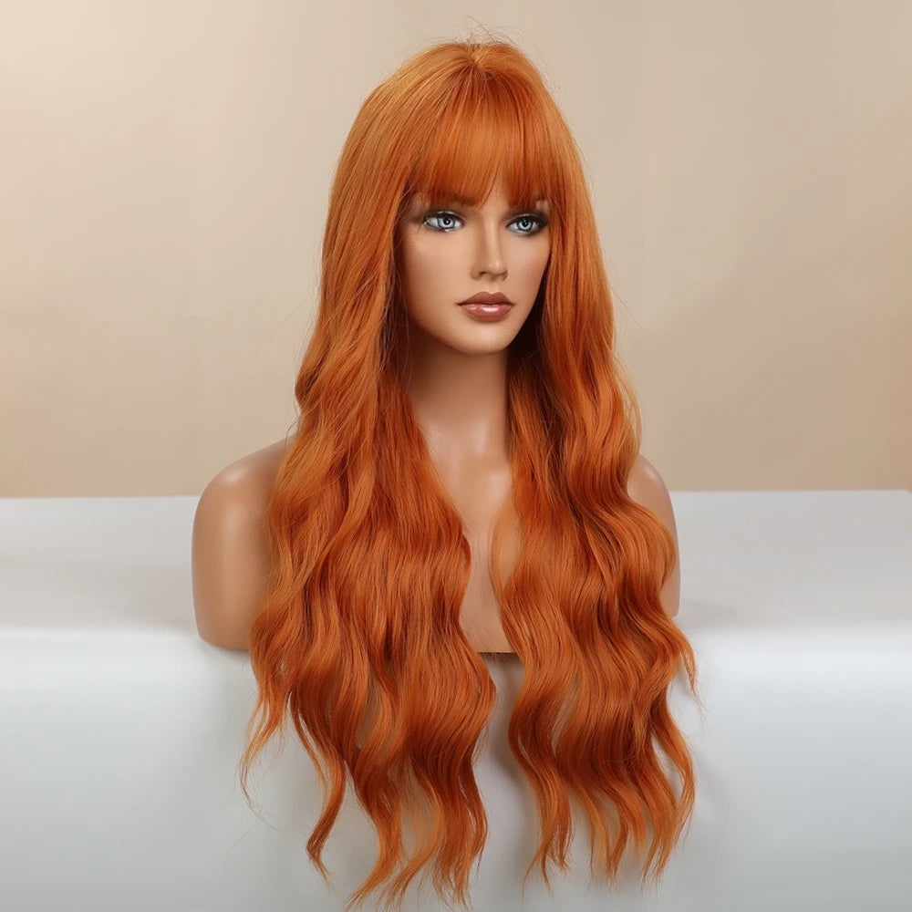BLONDE UNICORN Synthetic Hair Wigs Long Wavy Orange with Bangs For Black White Women Heat Resistant Fiber Cosplay Party Wig