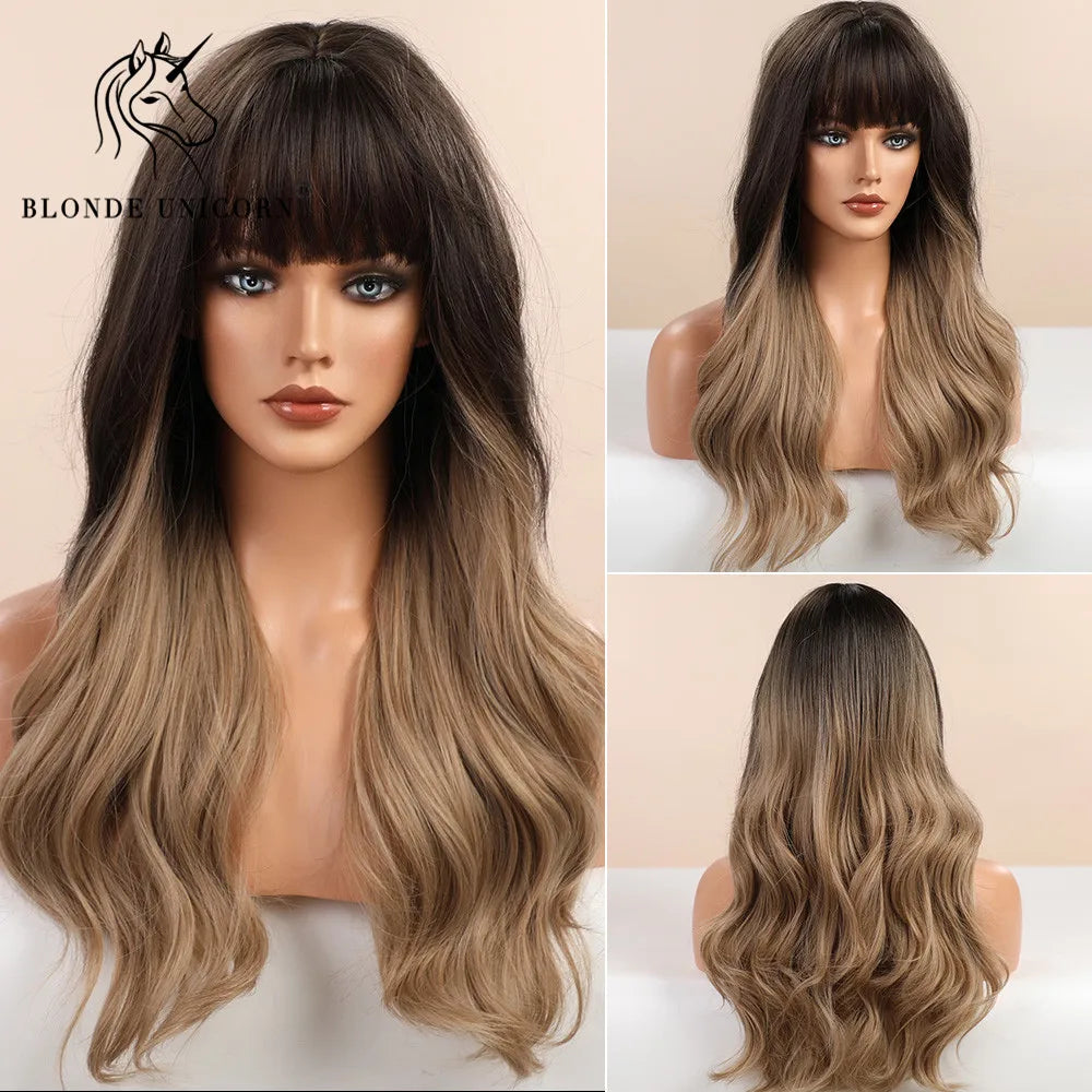 BLONDE UNICORN Synthetic Hair Wigs Long Wavy Orange with Bangs For Black White Women Heat Resistant Fiber Cosplay Party Wig