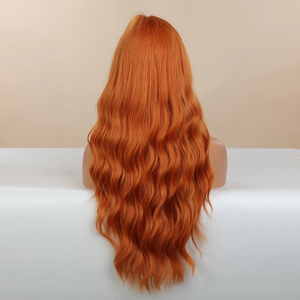BLONDE UNICORN Synthetic Hair Wigs Long Wavy Orange with Bangs For Black White Women Heat Resistant Fiber Cosplay Party Wig