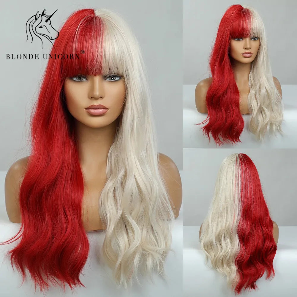 BLONDE UNICORN Synthetic Hair Wigs Long Wavy Orange with Bangs For Black White Women Heat Resistant Fiber Cosplay Party Wig