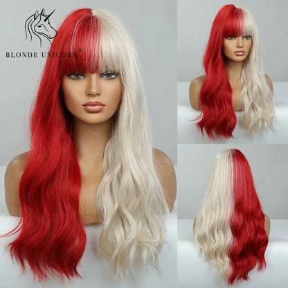 BLONDE UNICORN Synthetic Hair Wigs Long Wavy Orange with Bangs For Black White Women Heat Resistant Fiber Cosplay Party Wig
