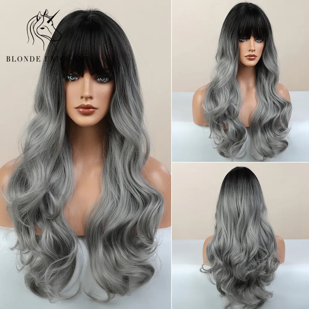 BLONDE UNICORN Synthetic Hair Wigs Long Wavy Orange with Bangs For Black White Women Heat Resistant Fiber Cosplay Party Wig