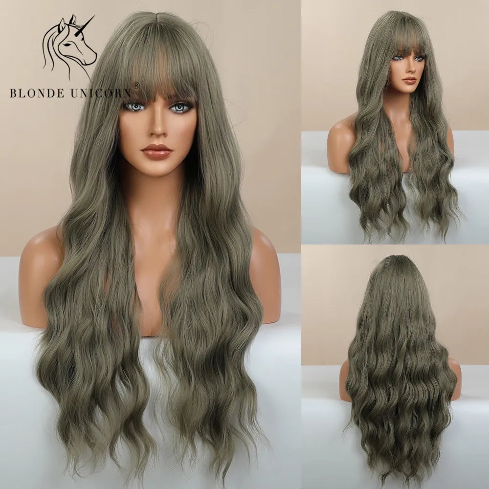 BLONDE UNICORN Synthetic Hair Wigs Long Wavy Orange with Bangs For Black White Women Heat Resistant Fiber Cosplay Party Wig