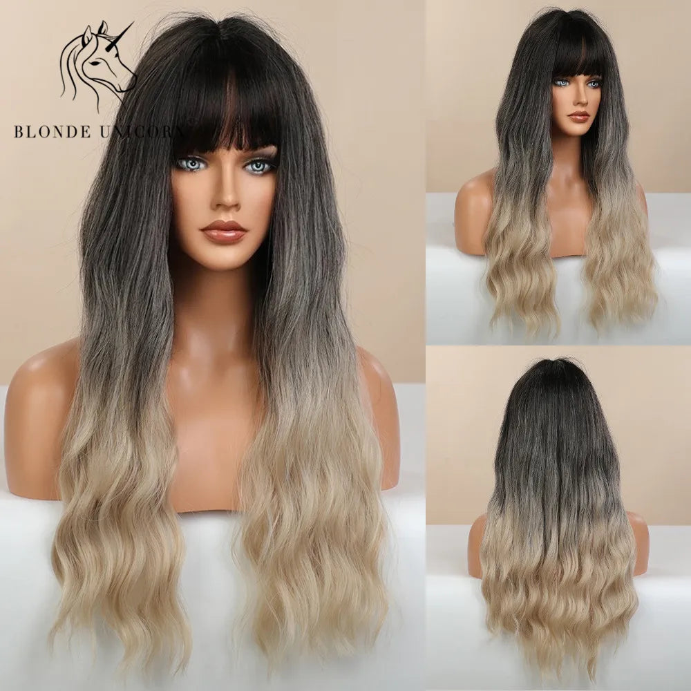 BLONDE UNICORN Synthetic Hair Wigs Long Wavy Orange with Bangs For Black White Women Heat Resistant Fiber Cosplay Party Wig