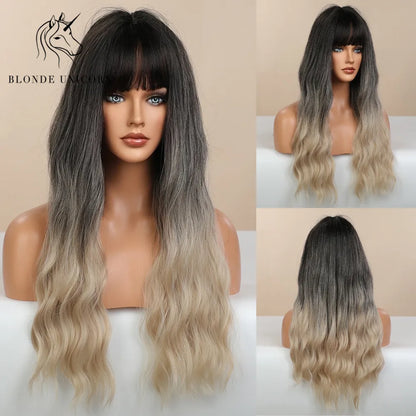BLONDE UNICORN Synthetic Hair Wigs Long Wavy Orange with Bangs For Black White Women Heat Resistant Fiber Cosplay Party Wig