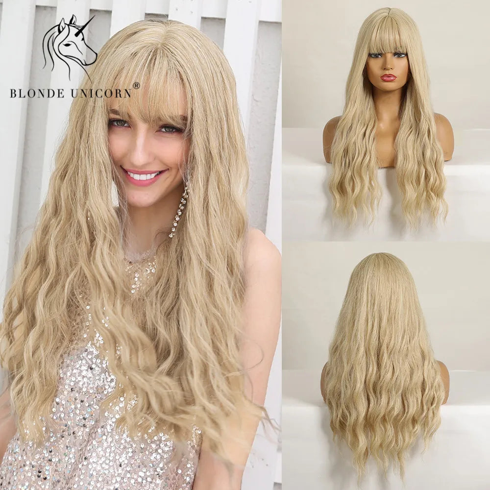 BLONDE UNICORN Synthetic Hair Wigs Long Wavy Orange with Bangs For Black White Women Heat Resistant Fiber Cosplay Party Wig