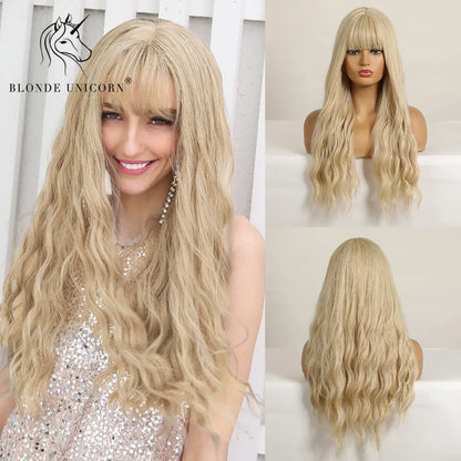BLONDE UNICORN Synthetic Hair Wigs Long Wavy Orange with Bangs For Black White Women Heat Resistant Fiber Cosplay Party Wig