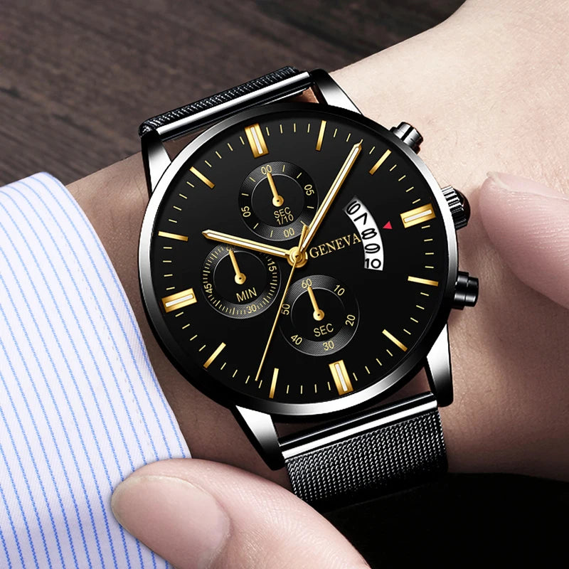 Men's Fashion Business Calendar Watches Men Luxury Blue Stainless Steel Mesh Belt Analog Quartz Watch relogio masculino