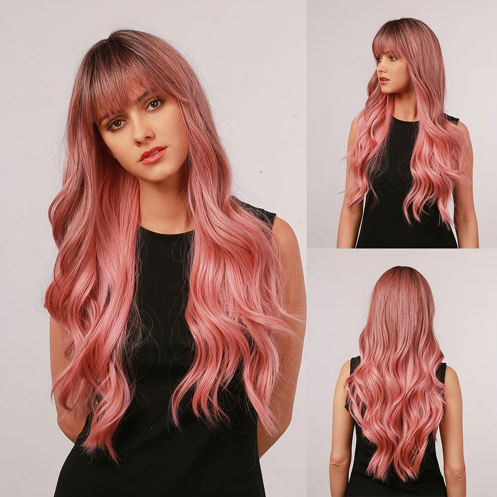 BLONDE UNICORN Synthetic Hair Wigs Long Wavy Orange with Bangs For Black White Women Heat Resistant Fiber Cosplay Party Wig