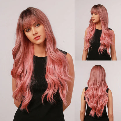 BLONDE UNICORN Synthetic Hair Wigs Long Wavy Orange with Bangs For Black White Women Heat Resistant Fiber Cosplay Party Wig