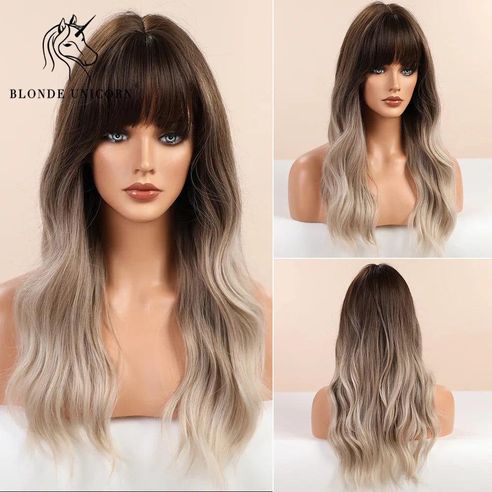 BLONDE UNICORN Synthetic Hair Wigs Long Wavy Orange with Bangs For Black White Women Heat Resistant Fiber Cosplay Party Wig
