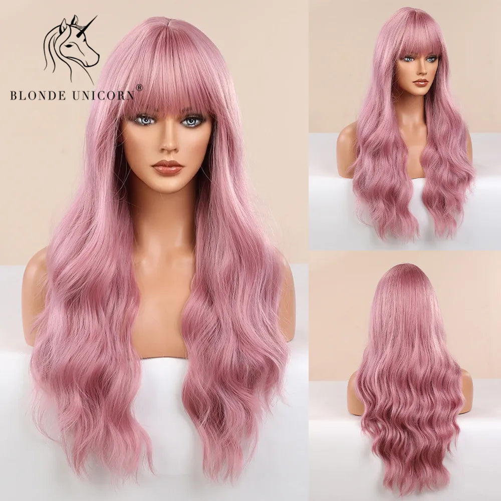 BLONDE UNICORN Synthetic Hair Wigs Long Wavy Orange with Bangs For Black White Women Heat Resistant Fiber Cosplay Party Wig
