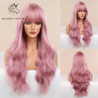BLONDE UNICORN Synthetic Hair Wigs Long Wavy Orange with Bangs For Black White Women Heat Resistant Fiber Cosplay Party Wig