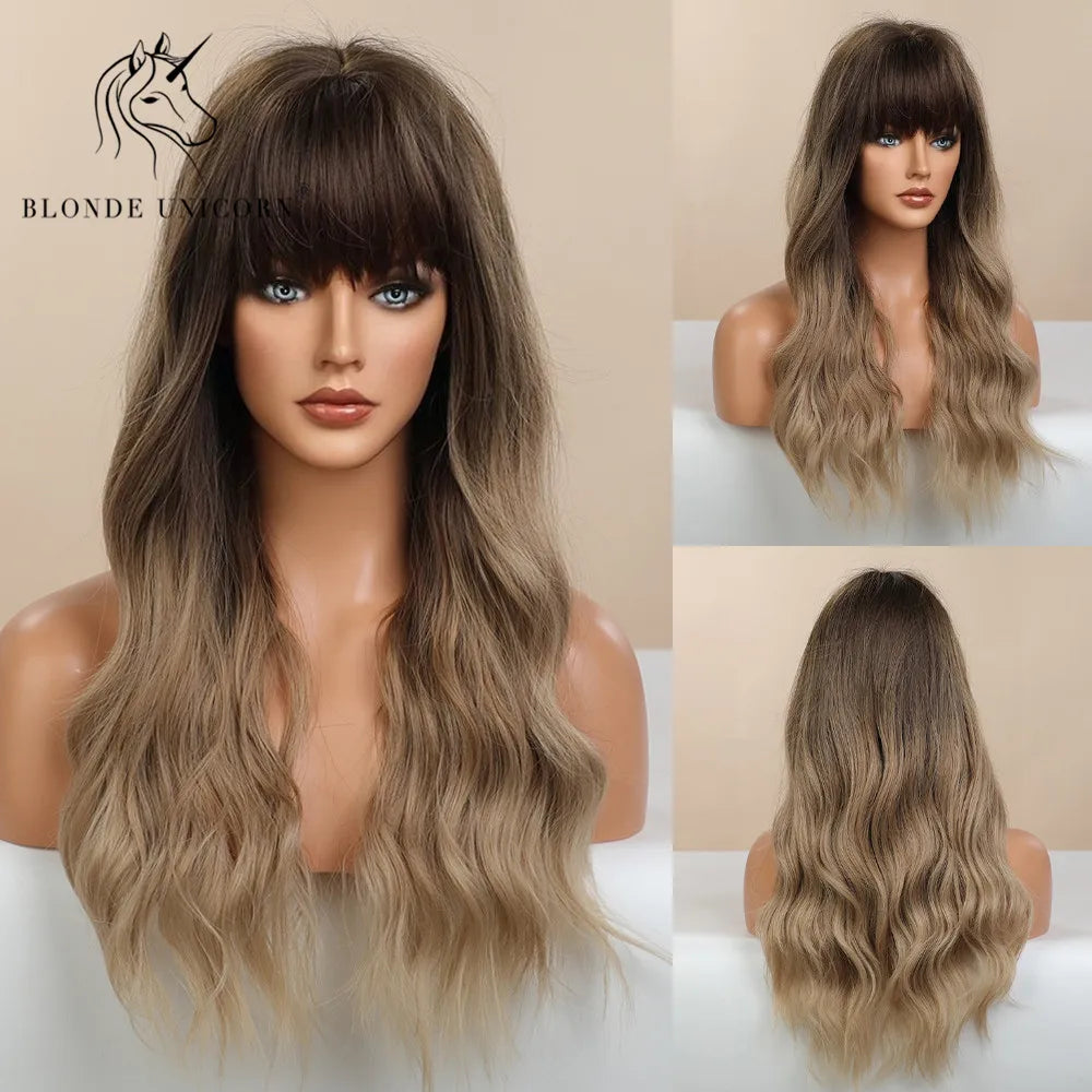 BLONDE UNICORN Synthetic Hair Wigs Long Wavy Orange with Bangs For Black White Women Heat Resistant Fiber Cosplay Party Wig