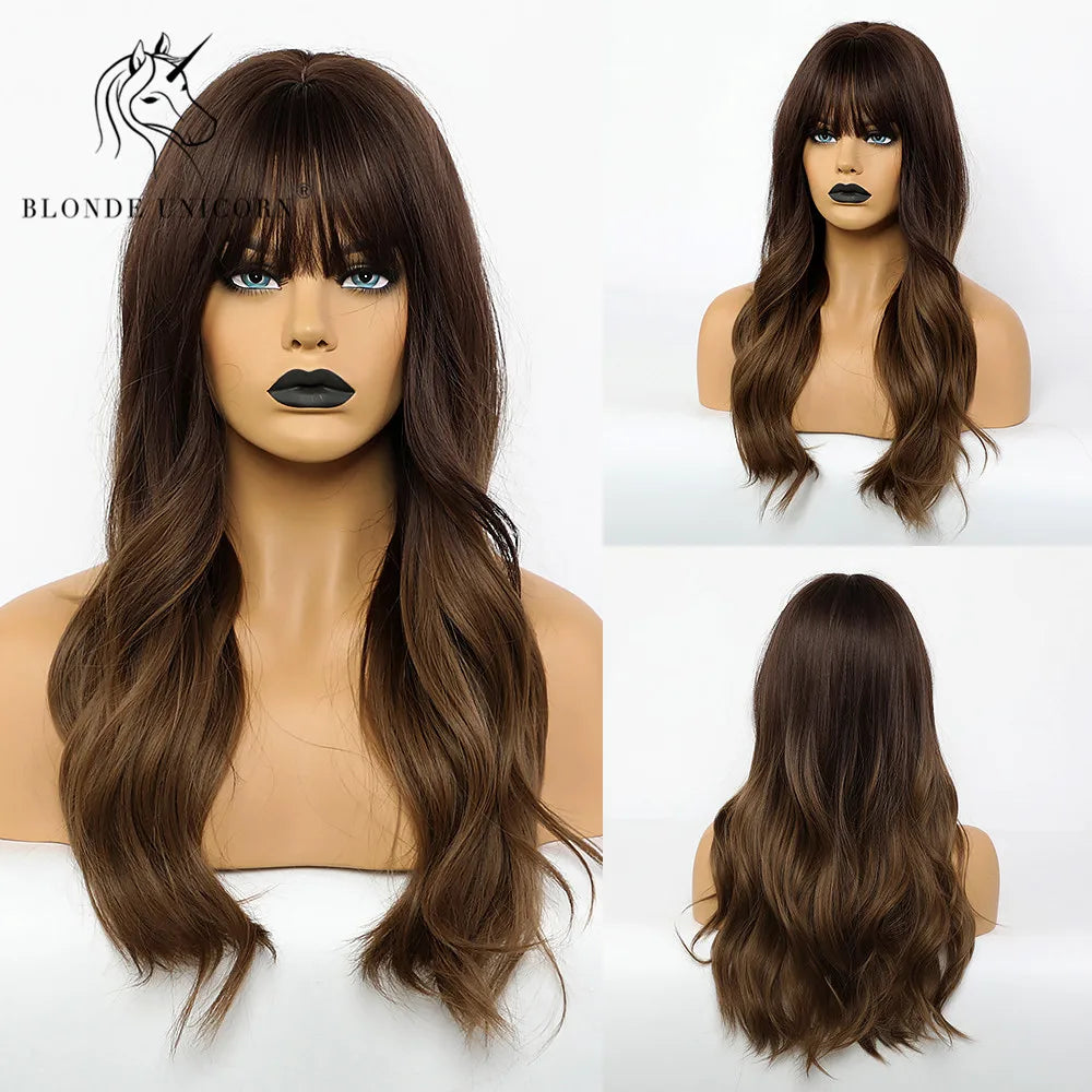 BLONDE UNICORN Synthetic Hair Wigs Long Wavy Orange with Bangs For Black White Women Heat Resistant Fiber Cosplay Party Wig