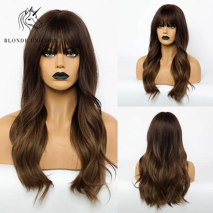 BLONDE UNICORN Synthetic Hair Wigs Long Wavy Orange with Bangs For Black White Women Heat Resistant Fiber Cosplay Party Wig
