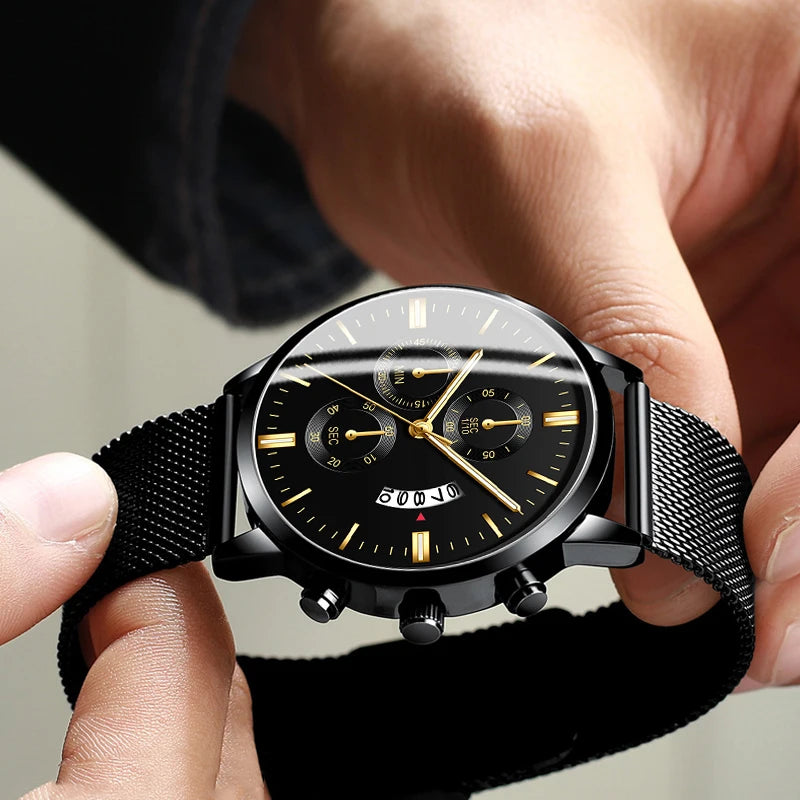 Men's Fashion Business Calendar Watches Men Luxury Blue Stainless Steel Mesh Belt Analog Quartz Watch relogio masculino