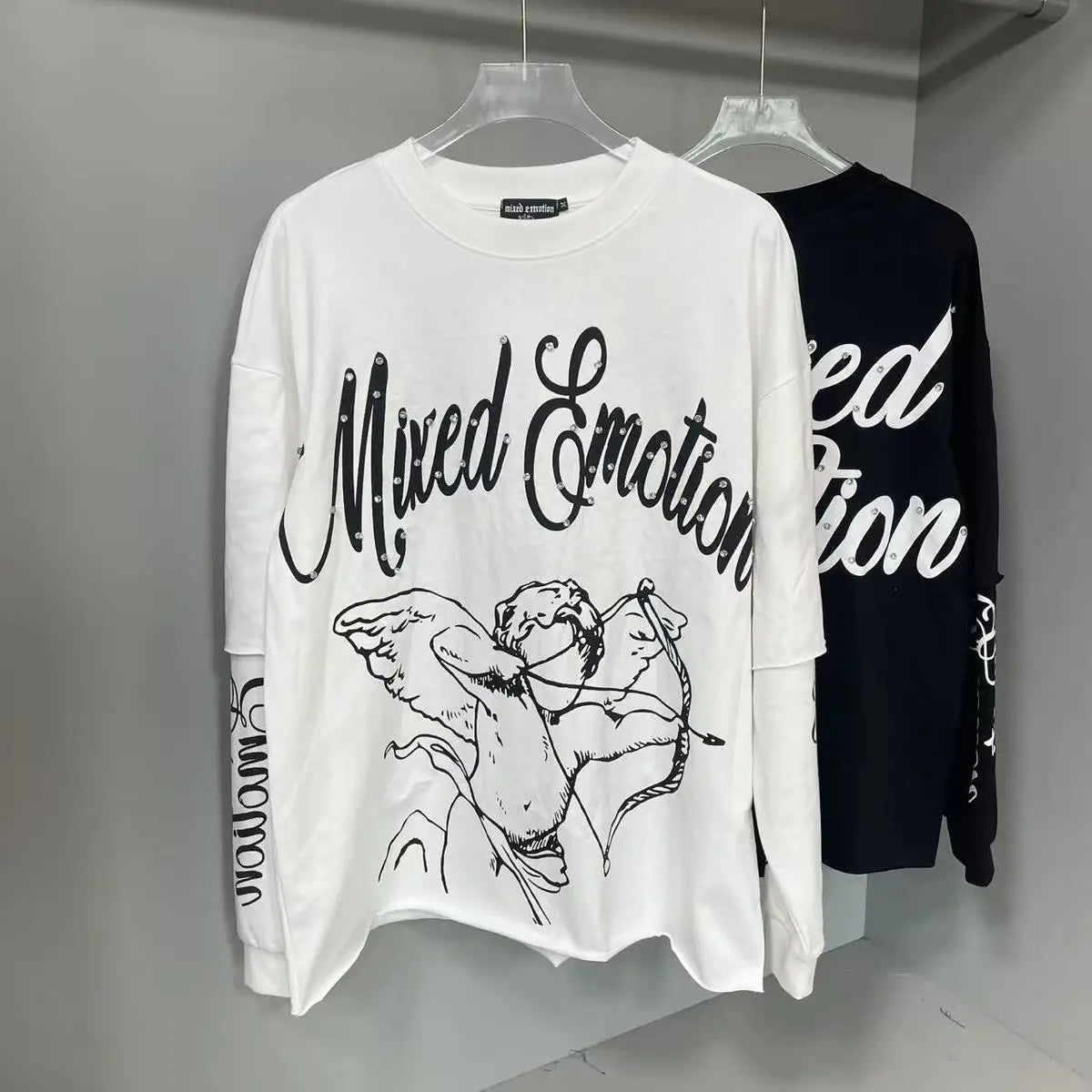 Mixed Emotion Angel Print Splicing Long Sleeves T Shirt Men Women Classic Letters Logo Rhinestone T-Shirts Long Sleeve