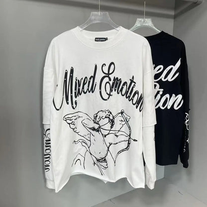 Mixed Emotion Angel Print Splicing Long Sleeves T Shirt Men Women Classic Letters Logo Rhinestone T-Shirts Long Sleeve