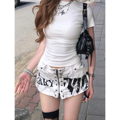 Y2K Vintage Letter Print Mini Short Women Sexy Zipper Design Slim Fit Denim Mini Skirt American Retro Hot Girl Punk Streetwear
