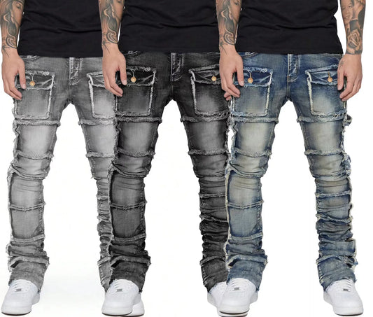 Men's new wave stacked jeans, worn-out slim fit straight leg jeans, fashionable hip-hop denim pants, casual streetwear