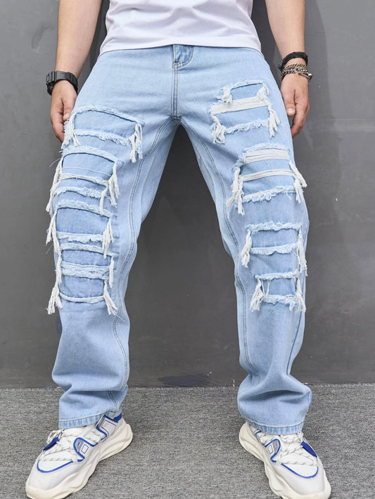 Regular Fit Men's Stacked Jeans Ripped Washed Cloth Patch Distressed Destroyed Straight Denim Pants Hip Hop Streetwear Trousers
