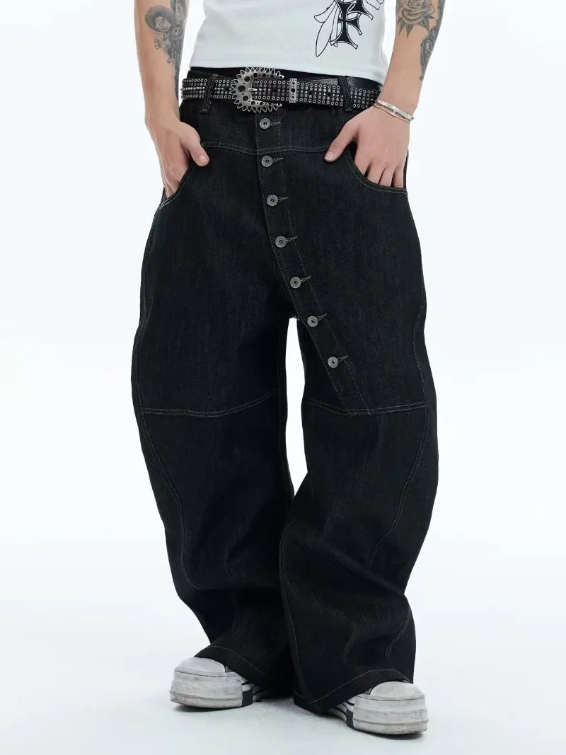 Hip-hop high street fashion diagonal breasted dark men jeans trendy camouflage patchwork high-waisted jeans casual loose pants