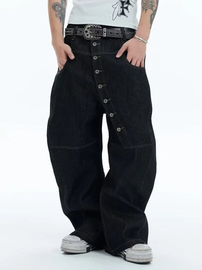 Hip-hop high street fashion diagonal breasted dark men jeans trendy camouflage patchwork high-waisted jeans casual loose pants