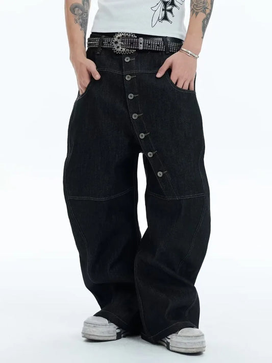 Hip-hop high street fashion diagonal breasted dark men jeans trendy camouflage patchwork high-waisted jeans casual loose pants